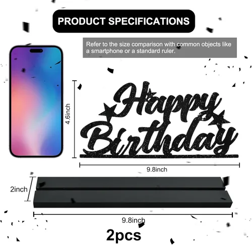 Miniatura 2 de Letrero de Feliz Cumpleaños con Letras Negras con Purpurina Centros de Mesa para Mesa Suministros de Fiesta de Cumpleaños Decoración de Favor