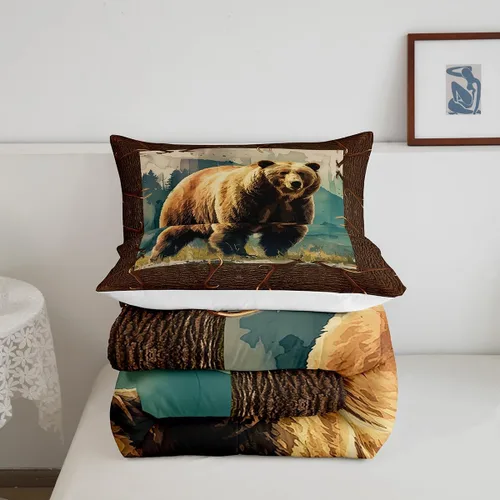 Miniatura 5 de Erosebridal Juego de ropa de cama de oso marrón, juego de edredón de animales de safari en el bosque, acuarela con relleno de edredón de vida