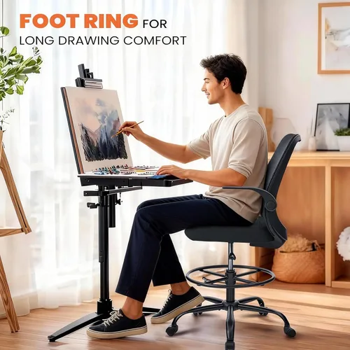 Miniatura 9 de Silla de dibujo para escritorios de pie, silla de oficina alta de 500 libras con altura ajustable, anillo para el pie, reposabrazos abatibles, Negro