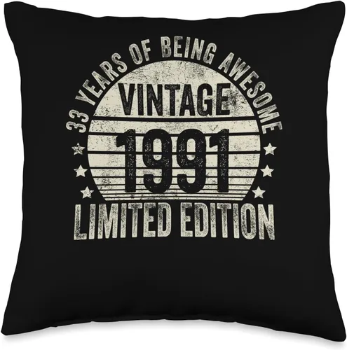 33 Year Old Vintage 1991 Limited Edition Bday Retro 33rd Birthday Gifts Men Women Throw Pillow, 16x16, Multicolor