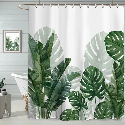 Miniatura 11 de Baccessor Cortina de ducha de lino con hojas verdes tropicales, cortinas de ducha botánicas de plátano, hoja de Monstera, palmera, repelente al Hoja