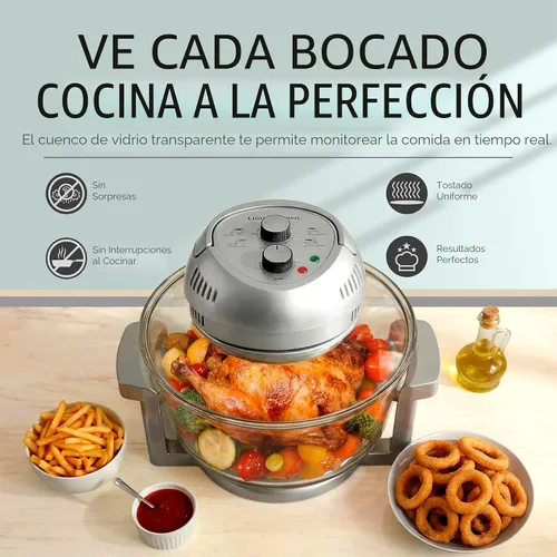 Miniatura 3 de Big Boss Freidora de Aire de Vidrio Grande de 16 Cuartos No Tóxica – Horno Halógeno Grande de Tamaño Familiar con 3 Secciones de Cocción, Rejillas