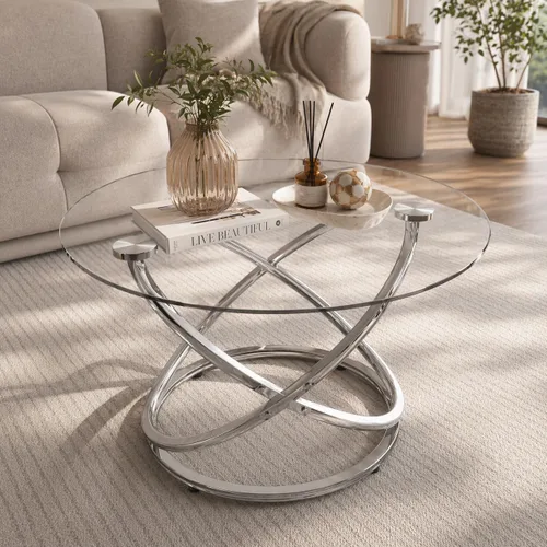 Miniatura 9 de Mesa de Café de Vidrio Otterease, Mesa Auxiliar Moderna con Marco de Metal Dorado en Forma de Anillo, Mesa de Café Redonda de Vidrio