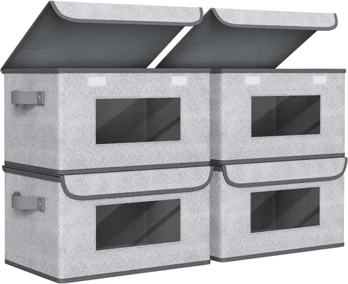 Miniatura 24 de Univivi Cajas de almacenamiento plegables de tela con tapas para ropa, [paquete de 3] cajas organizadoras de armario con asas para el hogar, Beige