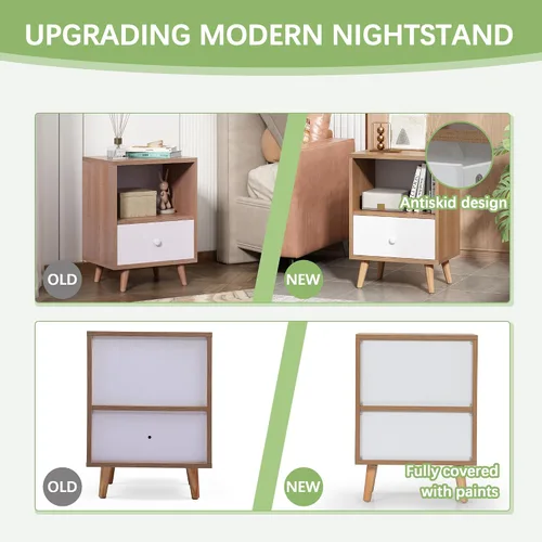 Miniatura 6 de JAXPETY Juego de 2 mesitas de noche modernas de madera, mesita de noche con cajón, muebles de noche, mesa auxiliar con estante abierto y patas