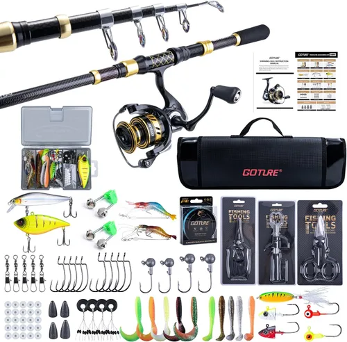 Goture Caña de pescar y carrete combos, 1.8M-2.7M telescópica caña de pescar spinning carrete línea señuelos conjunto con bolsa de transporte, kit