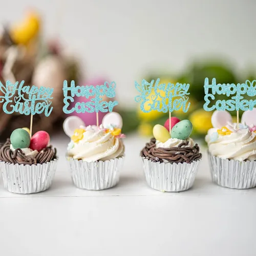 Miniatura 5 de Gyufise Paquete de 24 adornos azules con purpurina para cupcakes de Pascua con orejas de conejo de Pascua, decoraciones para fiesta de Pascua