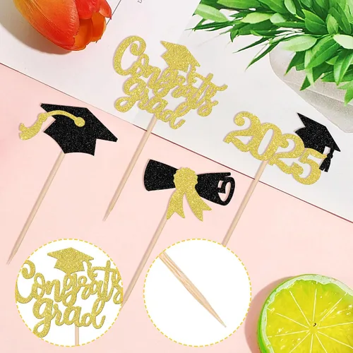 Miniatura 3 de 24 piezas 2025 decoraciones para cupcakes de graduación 2025 con purpurina contratos graduados diploma de graduación clase de 2025, selecciones