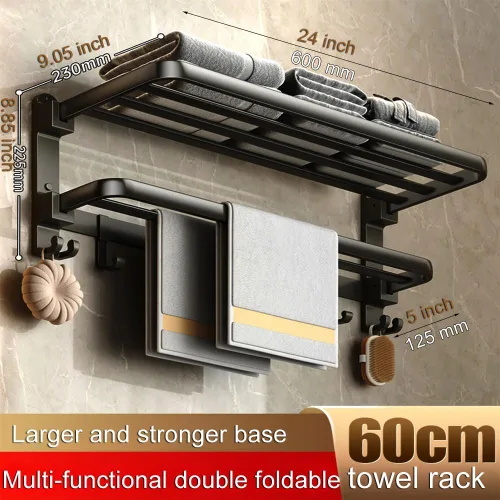 Miniatura 2 de Toallero de pared negro mate, sin taladro ni tornillo, longitud de la ducha de baño, barra de toalla doble de 24 pulgadas con estante para toallas