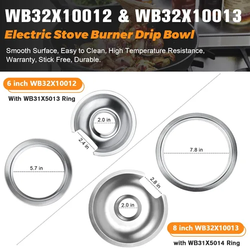 Miniatura 2 de Bandeja de goteo para quemador de estufa eléctrica, 1 sartén grande de 8 pulgadas WB32X10013 y 3 bandejas pequeñas de 6 pulgadas WB32X10012 cromadas