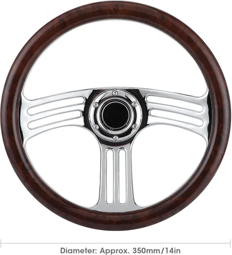 Miniatura 4 de EVGATSAUTO Volante de 13.780 in (14 pulgadas) de agarre de grano de madera oscura - Volante de 6 pernos cromado de 3 radios estilo vintage, ajuste