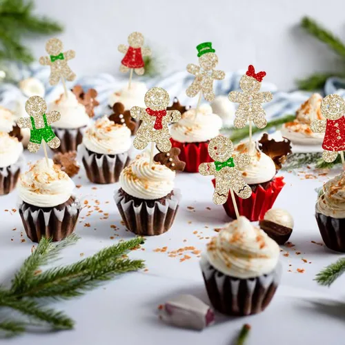Miniatura 4 de Gyufise 24 piezas Adornos para cupcakes de jengibre de Navidad con purpurina, adornos para cupcakes de jengibre para revelar el género, púas