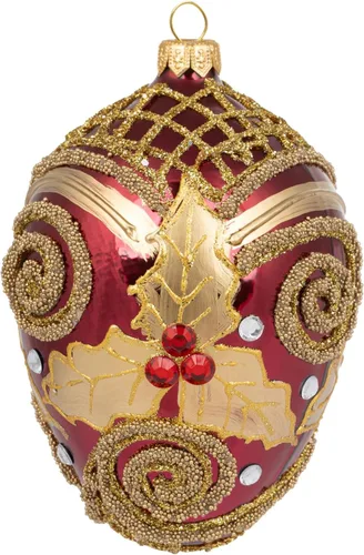 Fabergé Huevo - Adorno para árbol de Navidad de vidrio soplado de 5 pulgadas, color rojo vino con adornos dorados, hojas de muérdago (brillo borgoña)