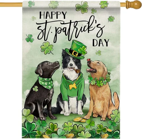 Miniatura 8 de Hzppyz Bandera de jardín con diseño de perros del Día de San Patricio, de doble cara, trébol de trébol dorado para cachorros, decoración pequeña