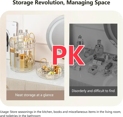 Miniatura 5 de Estante de almacenamiento acrílico giratorio de 360°, organizador de maquillaje de gran capacidad de 2 niveles para encimera de baño y tocador
