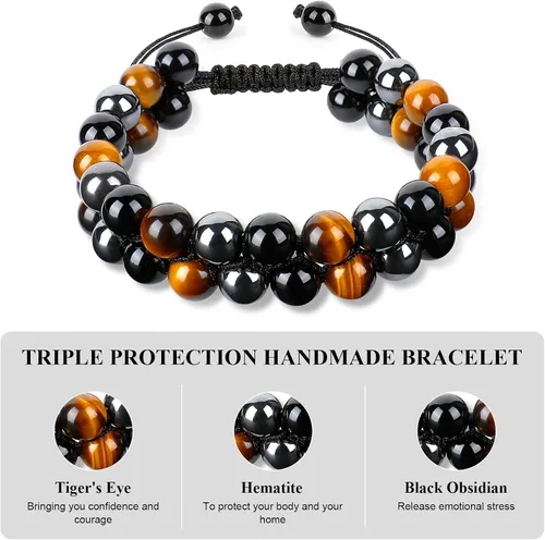 Miniatura 2 de WEILNELL Pulsera de triple protección, ojo de tigre genuino, obsidiana negra y hematita de 0.315 in, pulsera de cuentas para hombres y mujeres