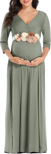 Kim S Vestido largo de maternidad con banda de flores (S-3XL), vestido de fiesta baby shower con cuello en V fruncido