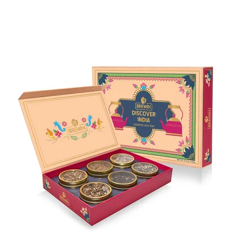 BREWIX, Descubre Caja de Regalo de Té Negro Premium de India para Navidad (180g/90+ Tazas) | Juego de Regalo de Té Para Amantes del Té | 6 Tés Chai