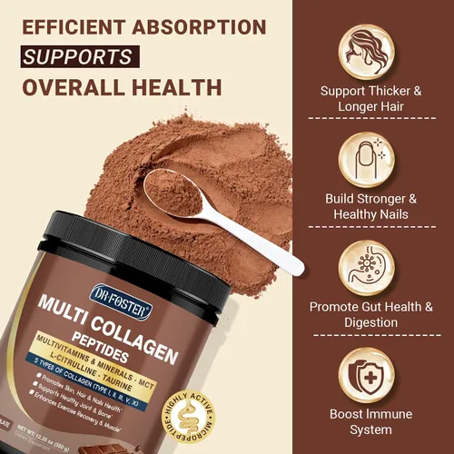Miniatura 6 de DRFOSTER - Péptidos de colágeno de chocolate en polvo para mujeres y hombres, colágeno multitipo I II III V X con multivitaminas y minerales