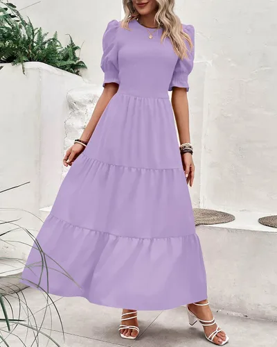 Miniatura 141 de BTFBM Vestidos para mujer, cuello redondo, casual, de verano, con volantes, manga corta, bohemio, con niveles, fruncido, largo, con estampado floral
