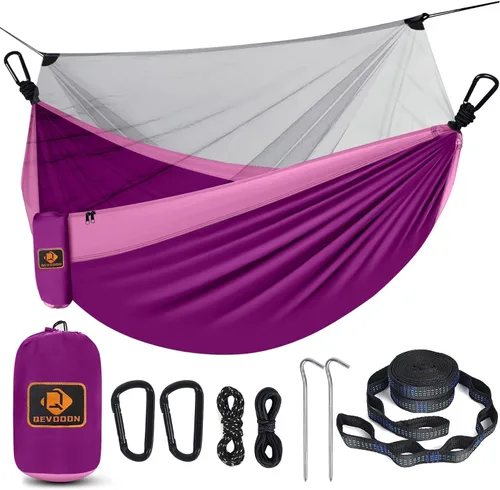 Miniatura 10 de Hamaca de camping con red, hamaca doble portátil ligera con correas para árbol y mosquetones sólidos en forma de D, hamaca de nailon de paracaídas