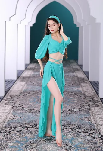Miniatura 6 de Disfraces de danza del vientre para mujer, camiseta corta y falda de baile con abertura, carnaval, Halloween, trajes de danza del vientre, tallas S-L