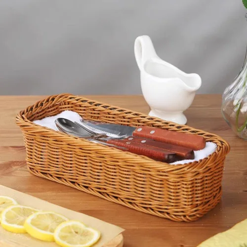 Miniatura 3 de ABOOFAN Organizador de almacenamiento de cubiertos tejido de mimbre, organizador de utensilios de cubiertos, cesta de pan de ratán, bandeja