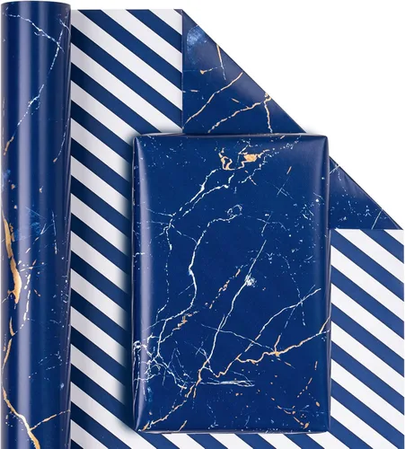 Miniatura 2 de WRAPAHOLIC Papel de regalo reversible, mini rollo, 17 pulgadas x 33 pies, diseño de mármol azul con rayas para cumpleaños, vacaciones, bodas, baby