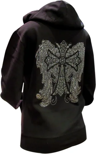 Miniatura 2 de Sudadera con capucha negra y plateada con diseño de cruz y alas de ángel, con cremallera negra