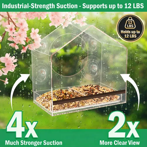 Miniatura 2 de Comedero para pájaros con ventosas fuertes, bandeja extraíble extra profunda de 4.35 pies para gran capacidad, casa de pájaros transparente