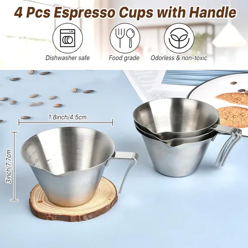 Miniatura 3 de Paquete de 4 tazas de café expreso con asa, tazas medidoras de café expreso, aptas para lavavajillas, taza de vertido de acero inoxidable para salsa