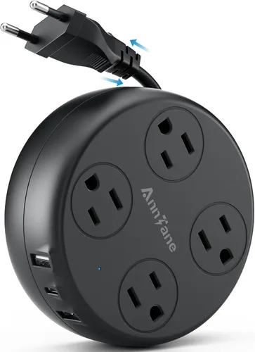 Adaptador de enchufe de viaje europeo - Regleta retráctil con 4 salidas de CA y 3 puertos USB (USB-C), adaptador tipo C para EE. UU. a la mayoría de