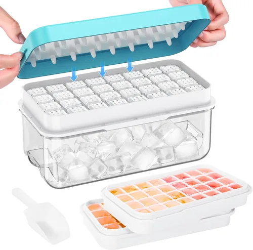 Miniatura 17 de Bandeja para cubitos de hielo con tapa y contenedor, 28 moldes para cubitos de hielo, bandejas de hielo para congelador, molde de bandeja
