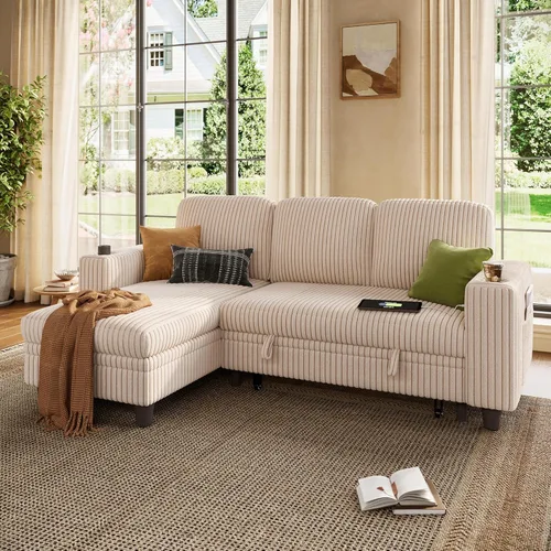 Miniatura 9 de LINSY HOME Sofá cama modular extraíble para sala de estar (beige, sofá cama 1) Sofá cama extraíble, almacenamiento, carga USB, portavasos, pana