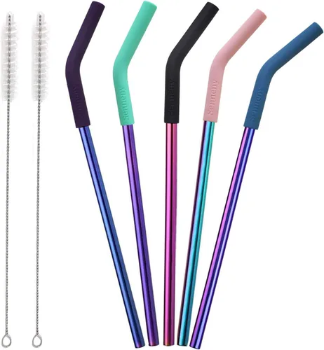 Senneny Juego de 5 popotes de acero inoxidable con puntas flexibles de silicona con cobertor de codos, incluye 2 cepillos de limpieza y 1 bolsa