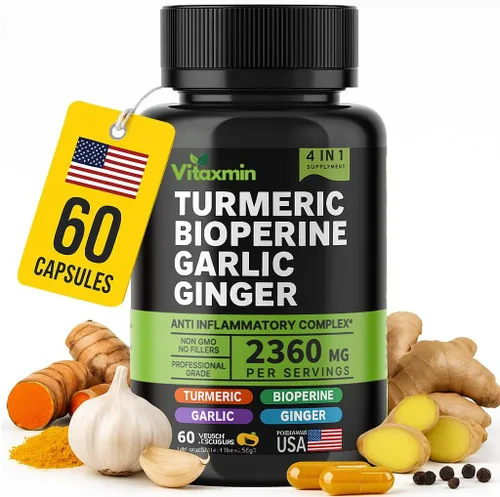 Suplemento de curcumina de cúrcuma con BioPerine y ajo – Cápsulas de raíz de jengibre de cúrcuma de alta potencia de 2360 mg para apoyo articular,