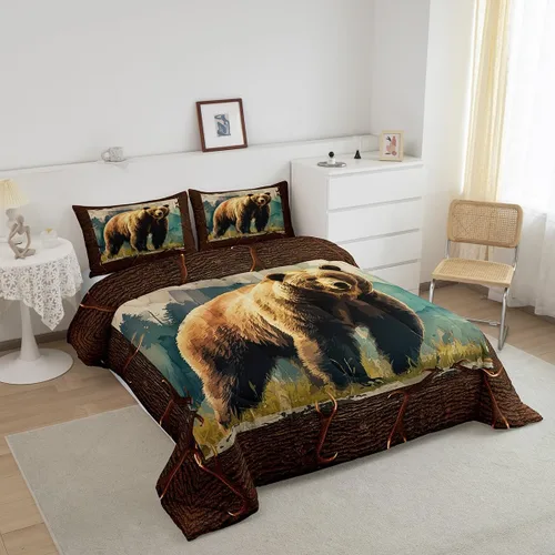 Miniatura 2 de Erosebridal Juego de ropa de cama de oso marrón, juego de edredón de animales de safari en el bosque, acuarela con relleno de edredón de vida