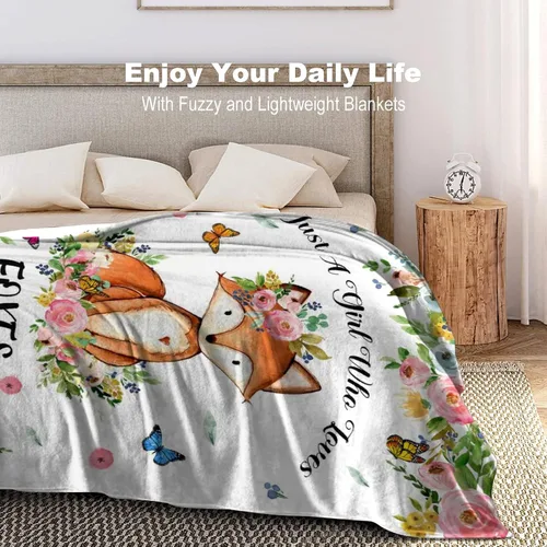 Miniatura 6 de Manta de franela con diseño de zorro con texto en inglés «Just A Girl Who Loves Fox», para cama, ropa de cama o sofá, regalos para niños, niñas