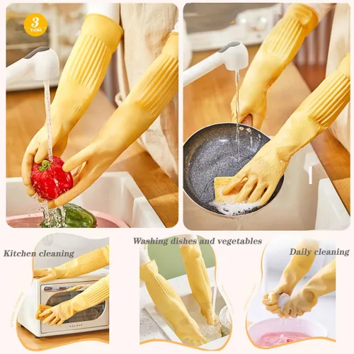 Miniatura 6 de 3 pares de guantes de 17.8 pulgadas de longitud con codo de goma reutilizables, impermeables, para limpieza del hogar y cocina, tamaño pequeño