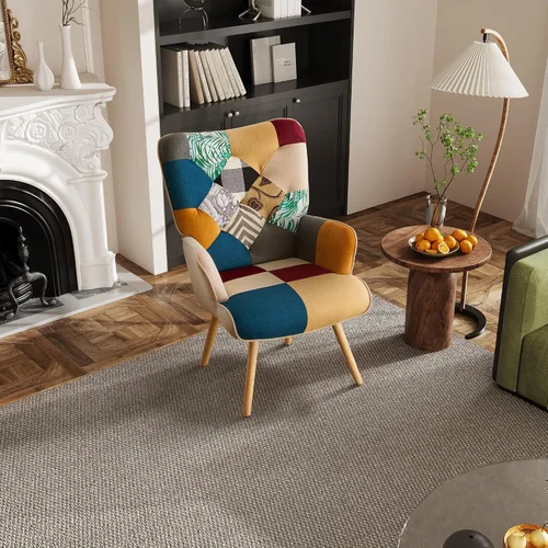 Miniatura 9 de Silla de Acento, Silla de Sala de Estar, Sillón Moderno de Respaldo Alto, Sillas de Lectura de Patchwork Colorido para Dormitorio, Silla de Descanso