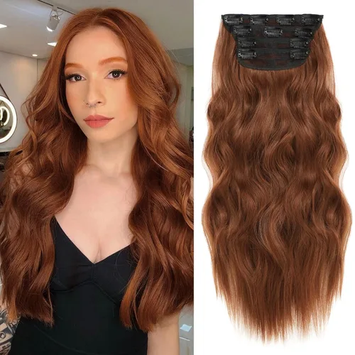 Miniatura 30 de NAYOO 4 piezas Extensiones de cabello con pinza, ondas largas y rizadas, sintéticas, gruesas, con fibra de doble trama, para mujeres, color cobre