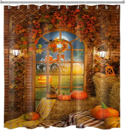 Miniatura 10 de HVEST Cortina de ducha de calabaza otoñal, hojas de arce, Acción de Gracias, Halloween, noche, calabaza, farol, cuervo, luna llena, juego de cortina