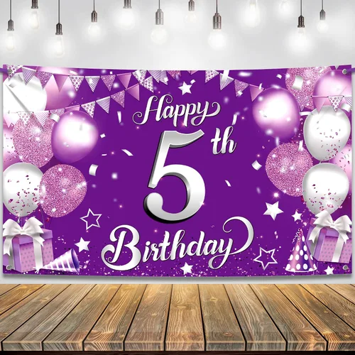 KatchOn Cartel de feliz cumpleaños número 5 color morado extra grande – telón de fondo de 72 x 44 pulgadas para decoraciones de cumpleaños de niña