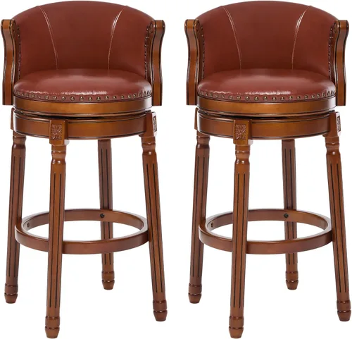 Miniatura 15 de CozyRain Taburetes de bar de madera de goma, taburete de bar tapizado de cuero con respaldo y reposapiés para el hogar, cocina, mostrador, comedor