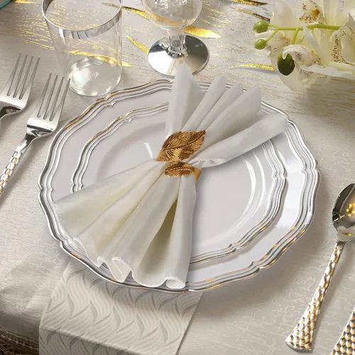 Miniatura 6 de VIJIV Juego de 12 servilletas de tela y juego de 6 anillos de servilleta dorados, 17x17 servilletas de cena cuadradas de satén para mesa, anillos