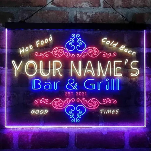 Miniatura 11 de Letrero de luz de neón LED tricolor personalizado para bar y parrilla, nombre personalizado, fecha, texto, cita, fuente blanco, azul y rojo, 17.7 x