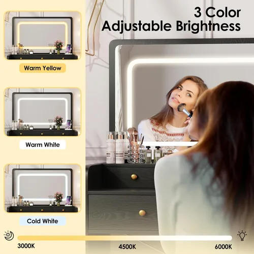 Miniatura 3 de Escritorio de tocador con espejo y luces, mesa de tocador de maquillaje con 5 cajones, taburete de almacenamiento, espejo grande para dormitorio