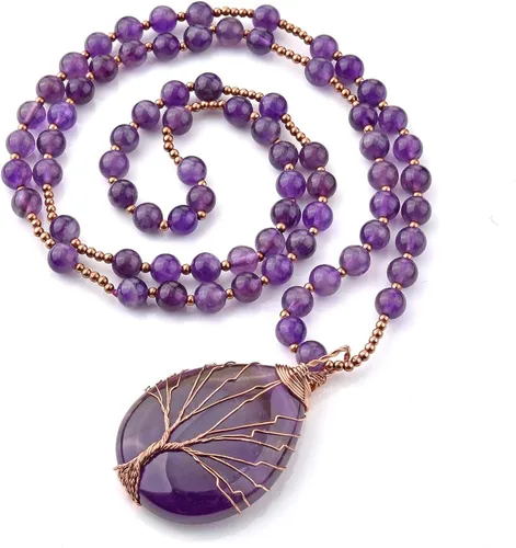 Jovivi Collar de cristal curativo de cuarzo amatista natural, envuelto en alambre, árbol de la vida, colgante de piedras preciosas de chakra de 28