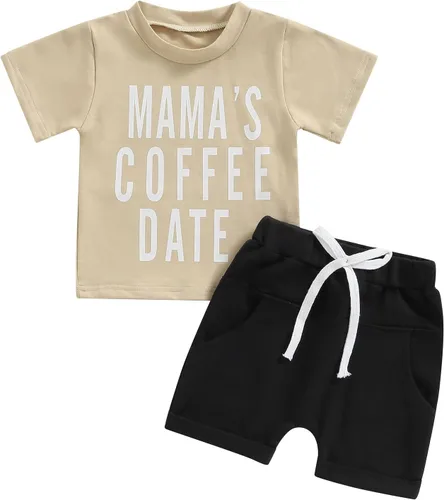 GOOCHEER Conjunto de traje de verano para niños pequeños, camiseta de manga corta con estampado de letras + pantalones cortos con cordón de color