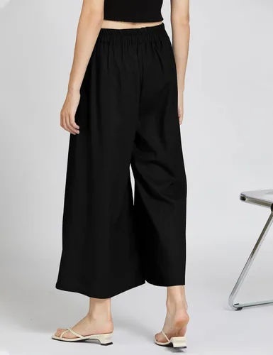 Miniatura 5 de Gihuo - Pantalones de pierna ancha de mezcla de lino para mujer cintura elástica pantalones estilo palazzo casuales con bolsillos